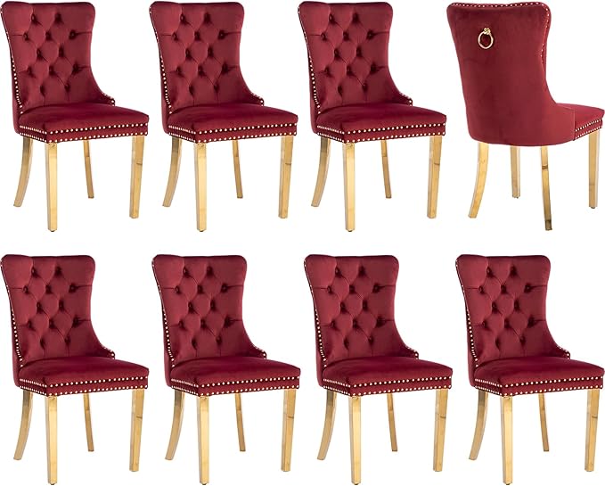 Luxury Upholstered Dining Chairs Set of 8, Red Kitchen Chair with Golden Metal Legs, Velvet Tufted Back Dining Chair, Sillas de Comedor, Modern Kitchen & Dining Room Chairs (Burgundy, 8 Pcs)