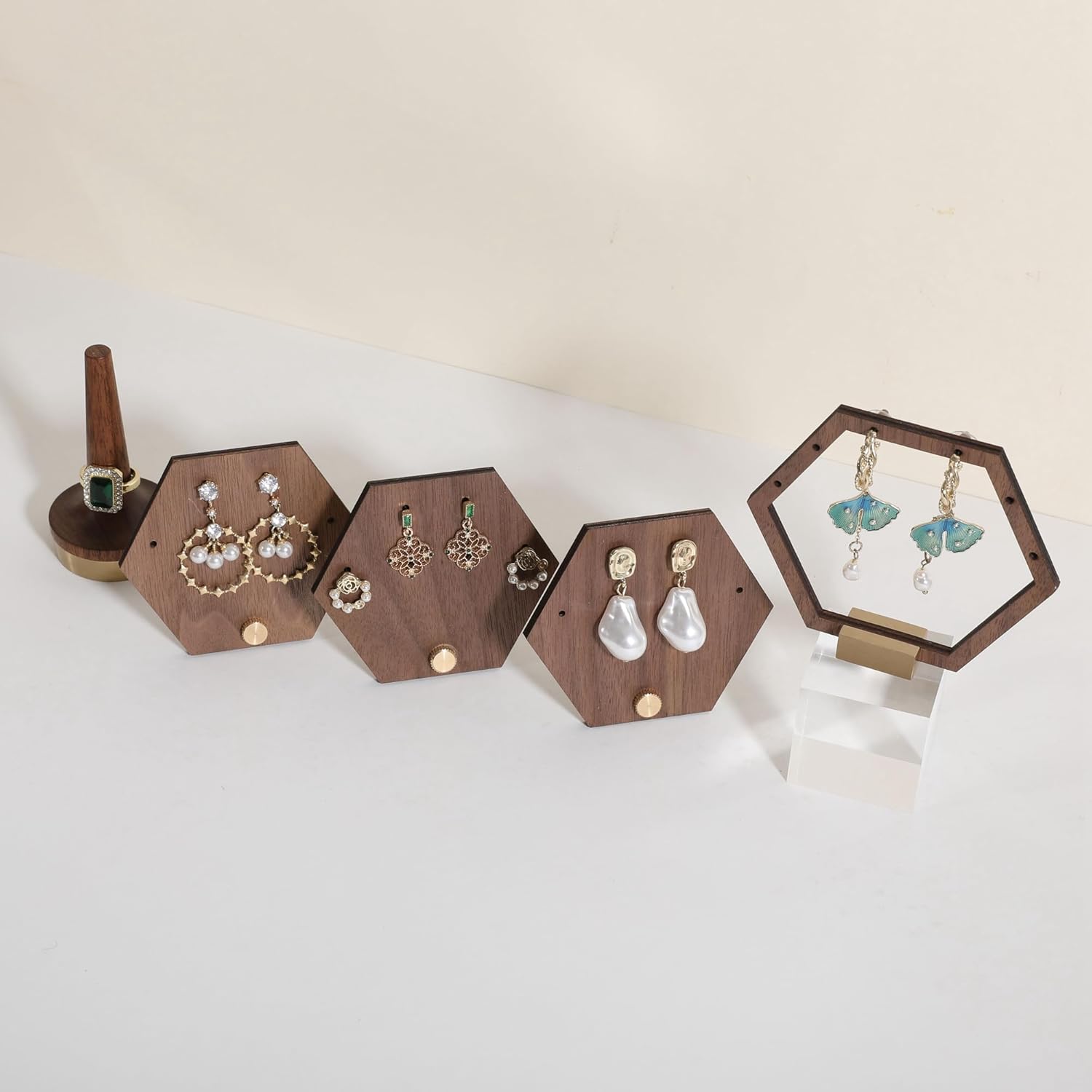 GemeShou 3pcs wooden jewelry earring organizer holder, walnut earring studs stand for boutique store, cute earring display for selling with 6 holes on each【Earring stand-Hexagon-3pcs】