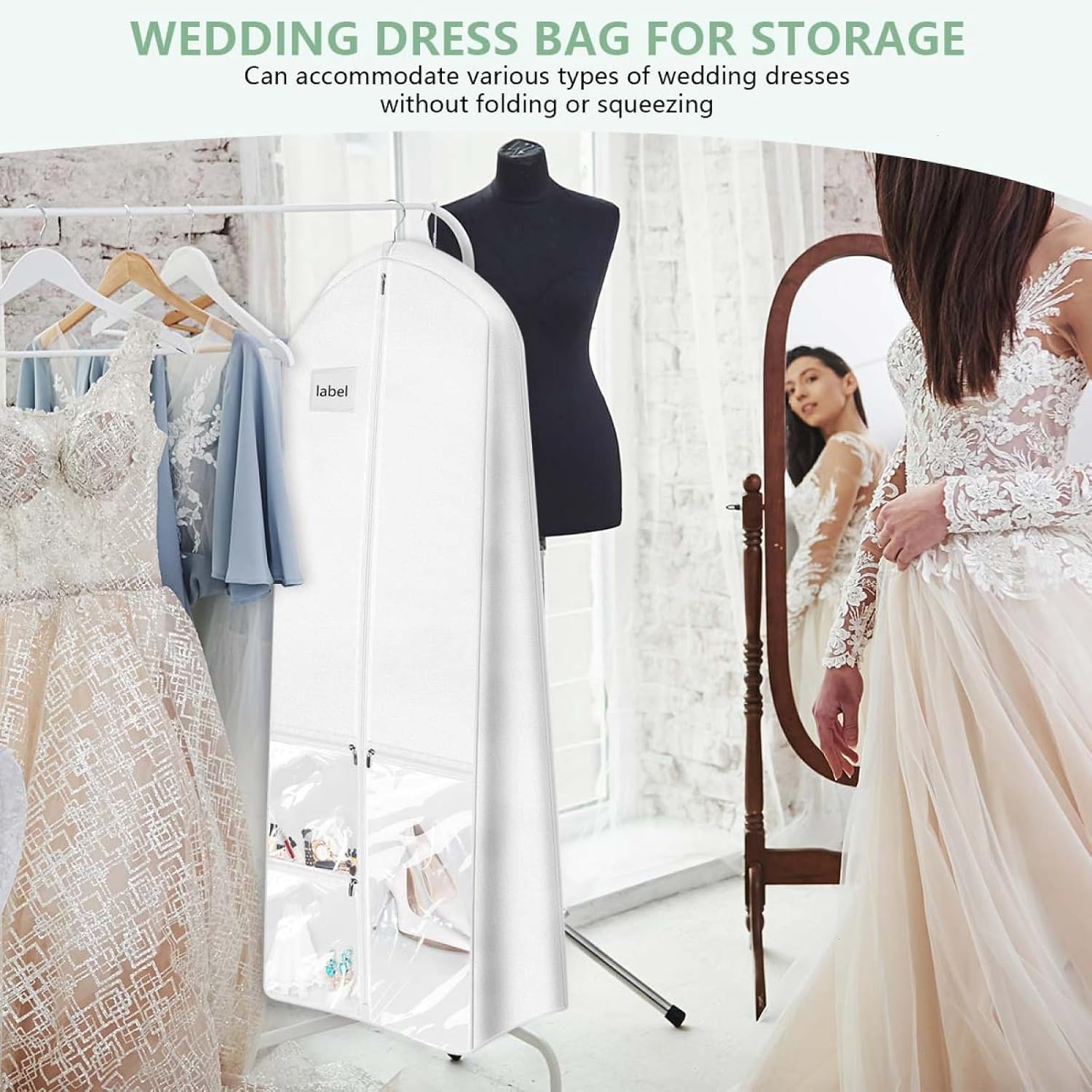 Bridal Wedding Garment Bag Cover Protector 72'' Long White Gown Dress Clothes Storage with 10'' Gusseted and Accessories Pouch for Women Travel Closet Prom