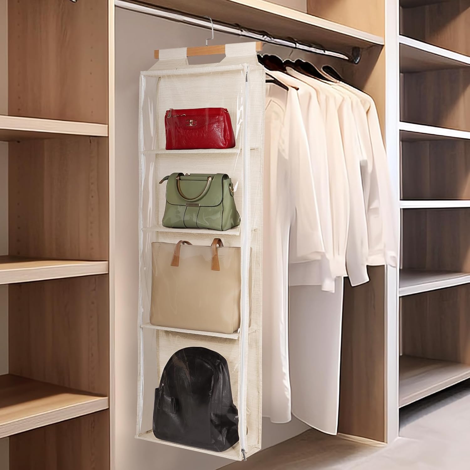 Syeeiex Over the Door Purse Organizer with Zippers, 4 Mesh Shelves, Beige | PVC Hanging Closet Bag Organizer, Dustproof Handbag Tote Storage Bag for Door, Wardrobe and Shelf Rack