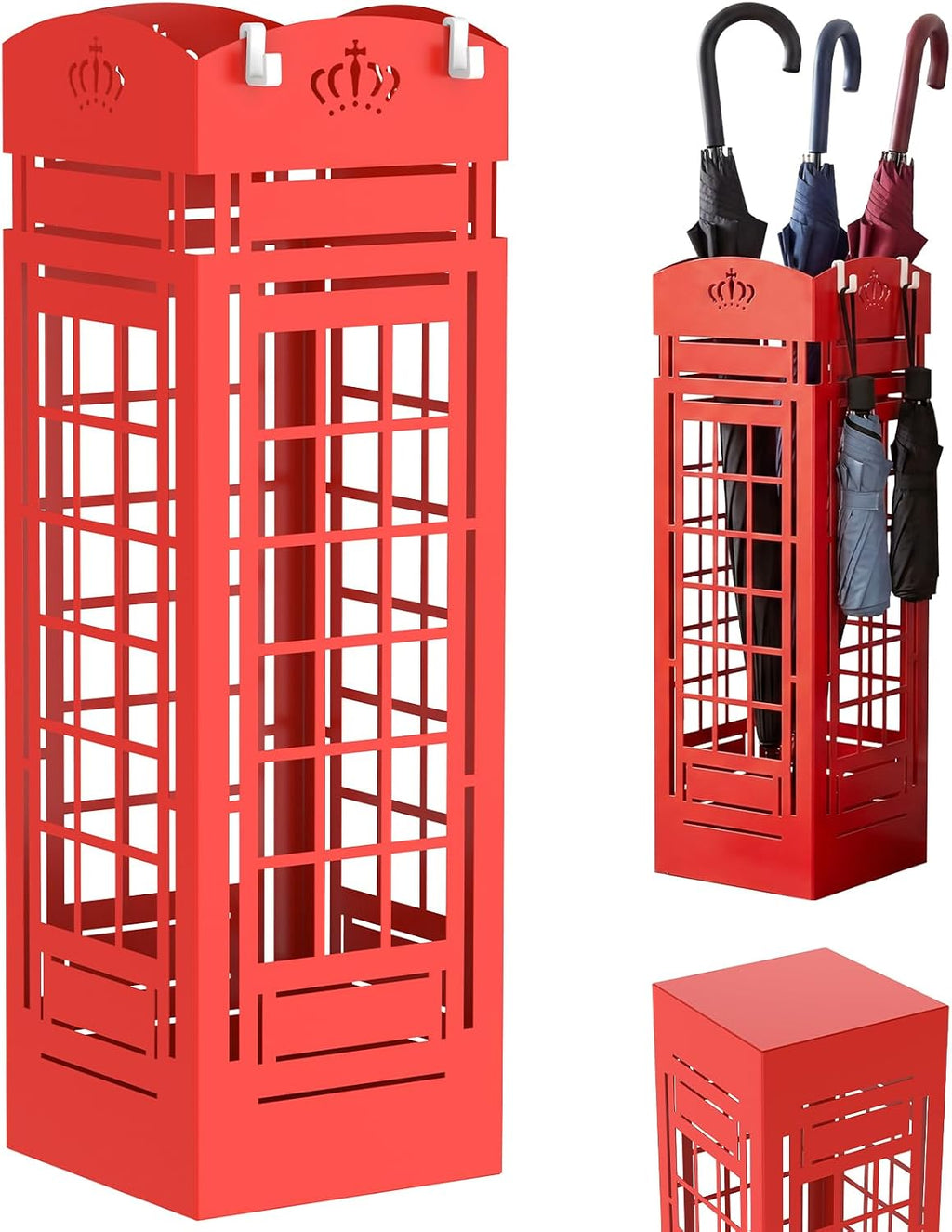 Square Metal Umbrella Holder, Square Free Standing Umbrella Rack Decorative Umbrella Holder Hollow Cutout Pattern Design for Umbrella Cane Entryway Home Office 19.49" X 6.1" X 6.1"(Red hollowed out)