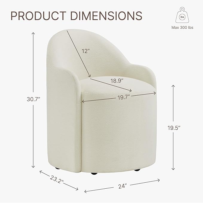 Upholstered Dining Chairs with Casters, No Assembly Modern Dining Room Chairs Accent Vanity Chair with 5 Wheels & Round Backrest for Bedroom, Living Room, Dressing, Linen Fabric, Set of 1