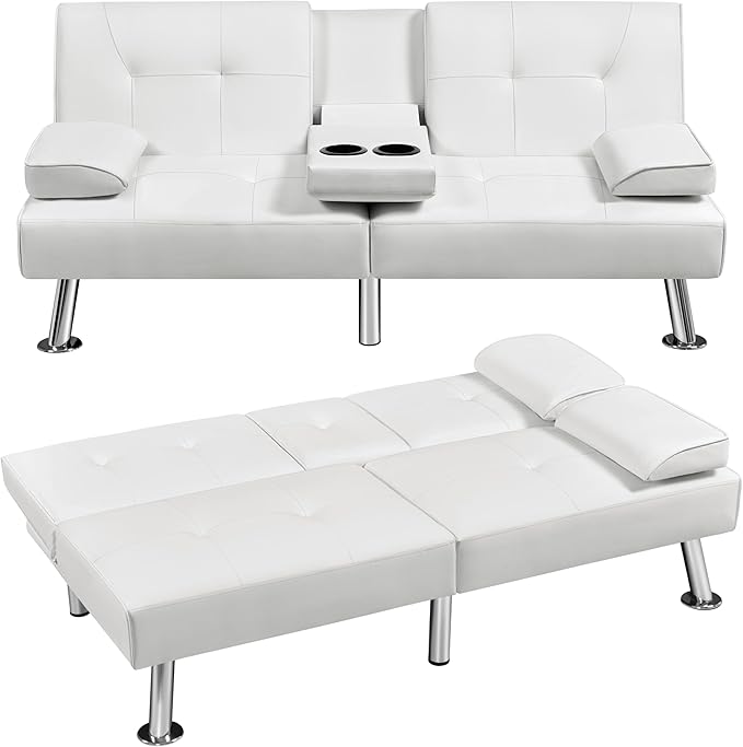 Yaheetech Convertible Sofa Bed Adjustable Couch Sleeper Modern Faux Leather Home Recliner Reversible Loveseat Folding Daybed Guest Bed, Removable Armrests, Cup Holders, 3 Angles, 772lb Capacity, White