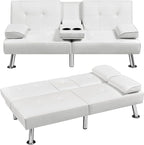 Yaheetech Convertible Sofa Bed Adjustable Couch Sleeper Modern Faux Leather Home Recliner Reversible Loveseat Folding Daybed Guest Bed, Removable Armrests, Cup Holders, 3 Angles, 772lb Capacity, White