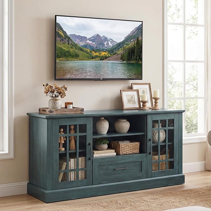 Tangkula Farmhouse TV Stand for TV up to 65 70 Inches, Tall Media Console Table with 2 Glass Storage Cabinets, 1 Drawer & 2 Open Shelves, Wooden Entertainment Center for Living Room (Vintage Green)