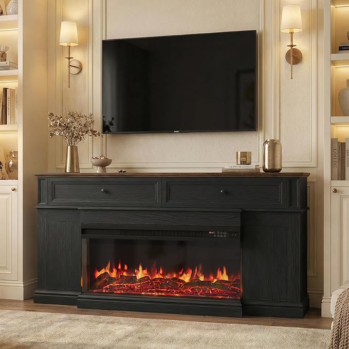 63" Farmhouse TV Stand with Fireplace for TVs up to 70", Media Entertainment Center with Adjustable Shelves, Farmhouse TV Console for Living Room, Black & Black