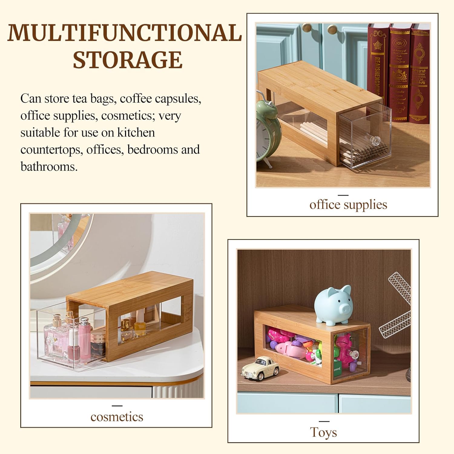 2 Pcs Bamboo Tea Bag Organizer Drawer Stackable Tea Bag Holder and Organizers, Wooden Storage Containers with Acrylic Drawer, Well-Organized for Office Kitchen Countertop Cabinet Pantry