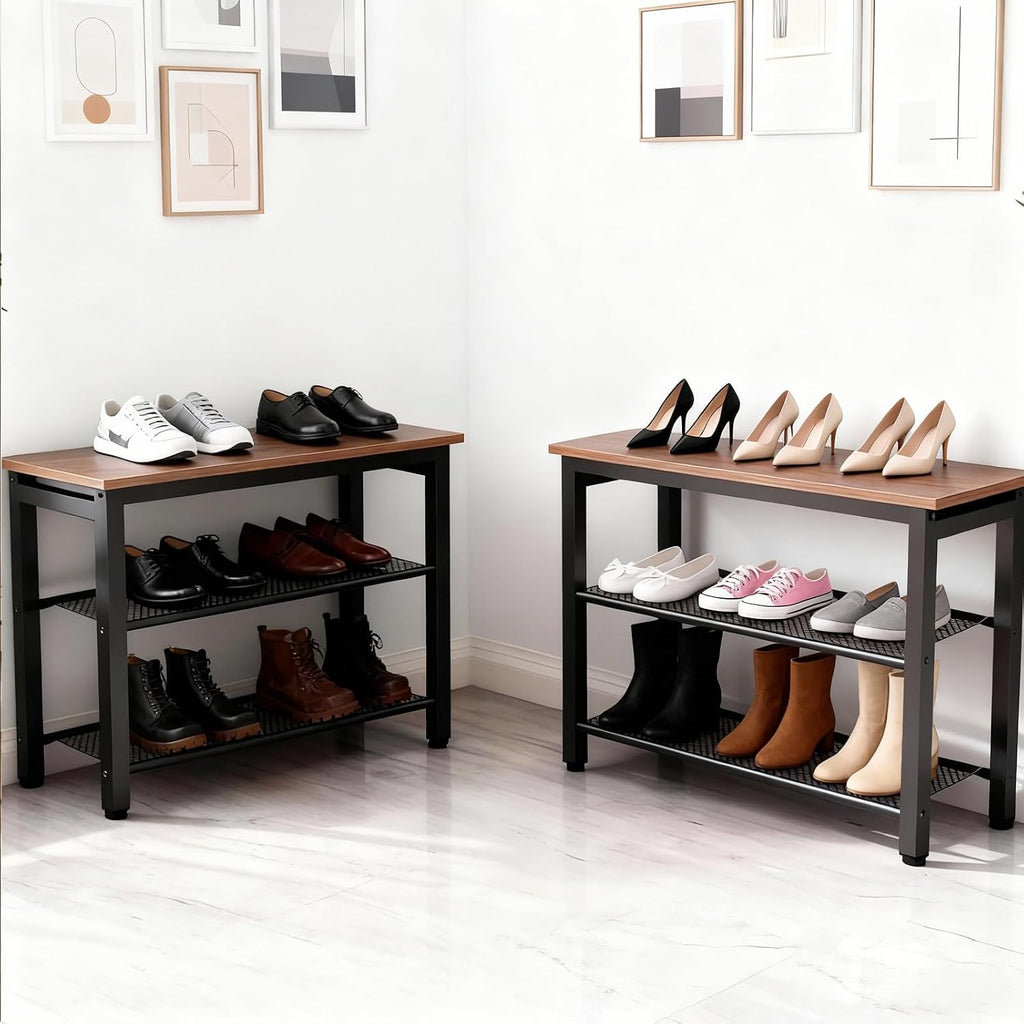 3-Tier Shoe Rack Bench, Hardwood & Alloy Steal Entryway Storage Organizer for Front Door Entrance, Bedroom, Living Room, 300lb Capacity (3-Tier Shoe Bench (Metal Mesh))