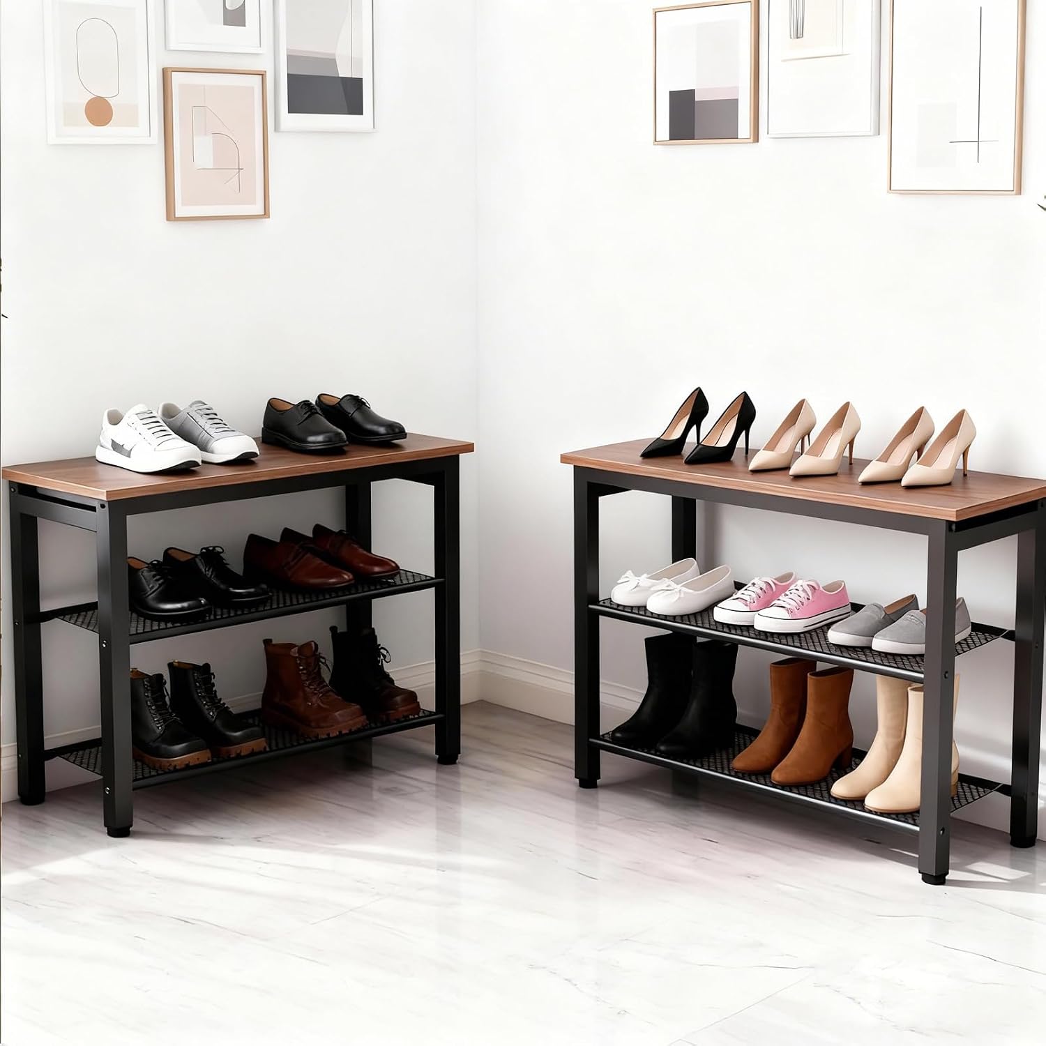 3-Tier Shoe Rack Bench, Hardwood & Alloy Steal Entryway Storage Organizer for Front Door Entrance, Bedroom, Living Room, 300lb Capacity (3-Tier Shoe Bench (Metal Mesh))