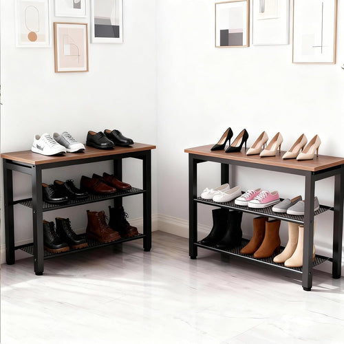 3-Tier Shoe Rack Bench, Hardwood & Alloy Steal Entryway Storage Organizer for Front Door Entrance, Bedroom, Living Room, 300lb Capacity (3-Tier Shoe Bench (Metal Mesh))