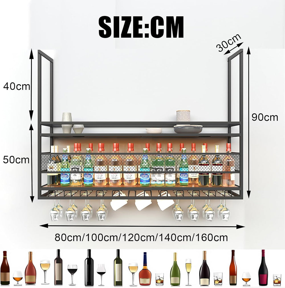 55in Ceiling Wine Glass Rack, 2-Tier Wooden Hanging Wine Rack, Industrial Bla...