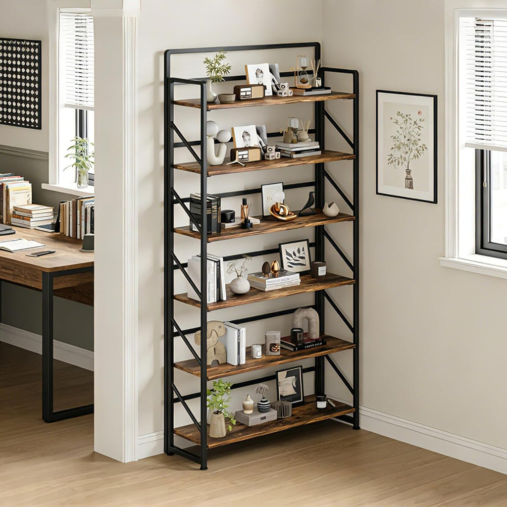 JSB Folding Bookshelf,Industrial Storage Shelves, No Assembly Vintage Wood Look Bookshelf with Storage Shelves for Living Room, Bedroom, Office (Fire Brown, Wide 6-Tier)