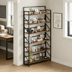 JSB Folding Bookshelf,Industrial Storage Shelves, No Assembly Vintage Wood Look Bookshelf with Storage Shelves for Living Room, Bedroom, Office (Fire Brown, Wide 6-Tier)