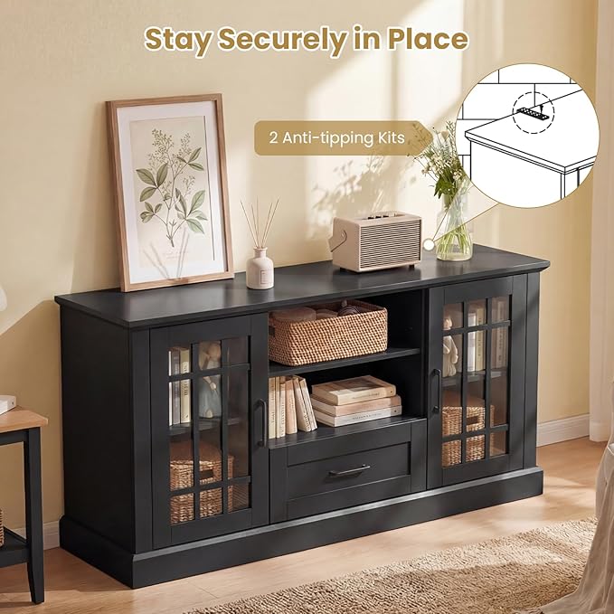Giantex Farmhouse TV Stand for 65/70 Inch TV, Tall Entertainment Center with Storage Cabinets, Glass Doors, Drawer, Removable Shelves, Media TV Console Table for Living Room, Bedroom (Black)