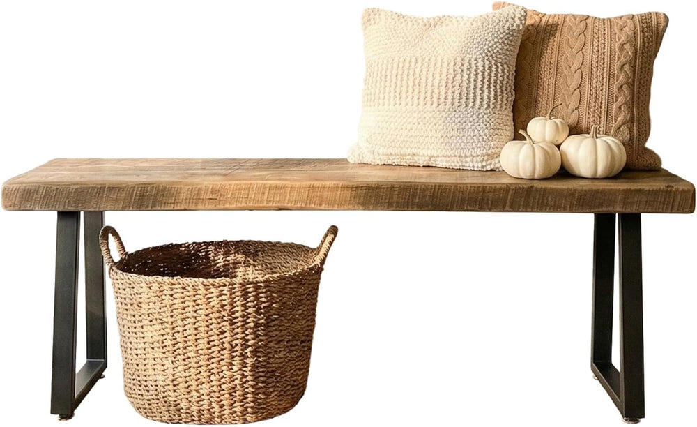 Rustic Revival Reclaimed Barnwood Bench, Solid Wood with Metal Base, Modern F...