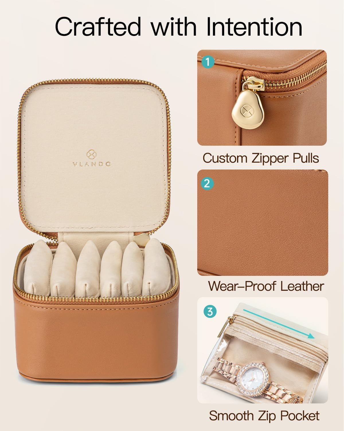 VLANDO Travel Jewelry Case,Valentines Gifts,Small Jewelry Box Organizer,Travel Jewelry Storage with 6 Velvet Jewelry Zipper Pockets, Birthday Gifts for Women Girls (Brown)