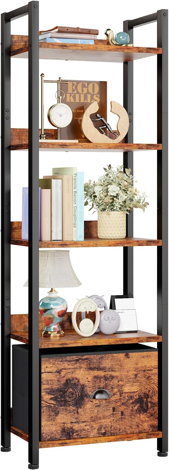 Furologee 5 Tier Bookshelf with Drawer, Tall Narrow Bookcase with Shelves, Wo...