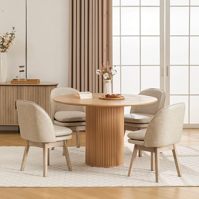 Upholstered Dining Chairs Set of 6, Modern Faux Leather Dining Room Chairs with Solid Wood Legs & Double-Padded Seat, Swivel Accent Desk Chair for Kitchen Dining Room Restaurant - Pebble Grey