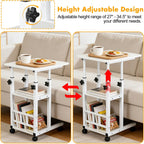 Adjustable C Table,Over Bed Table with Wheels,Rolling Side Table, Over Bed Table with Wheels, Bedside Table, for Sofa Side Small Space, Stable Multi Storage Desk (White)