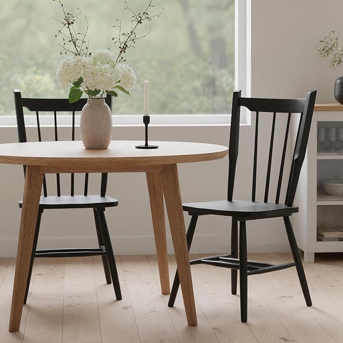 HNY Black Windsor Dining Chairs Set of 2, Farmhouse Wooden Kitchen Chairs with Spindle Back, Mid Century Modern Armless Kitchen Side Chair for Dining Living Room Restaurant