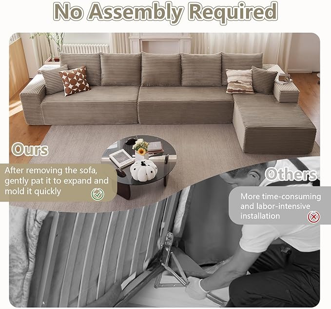 166.9" Cloud Sectional Couch with L-Shape Chaise, Upholstered Corduroy Couches Sleeper with Deep Seat, Modern Modular Comfy Sofa Chaise Longue for Living Room Bedroom, No Assembly Required, Camel