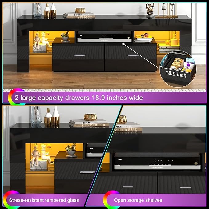 Black 63 Inch Floating TV Stand with Two Drawers & 16-Color LED Lights, Large Modern Entertainment Center for TVs Up to 75 Inches, Wooden Media Console with Open Shelf