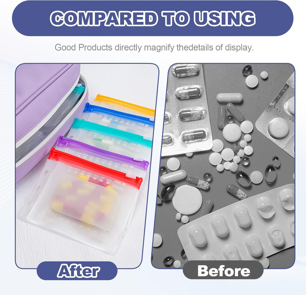 Weekly Pill Organizer 2 Times a Day - Timueetech A6 Waterproof 14 Pill Pouch Bags for Travel, BPA-Free Medicine Storage with Labels & Self-Sealing Design for Vitamins and Supplements, Purple