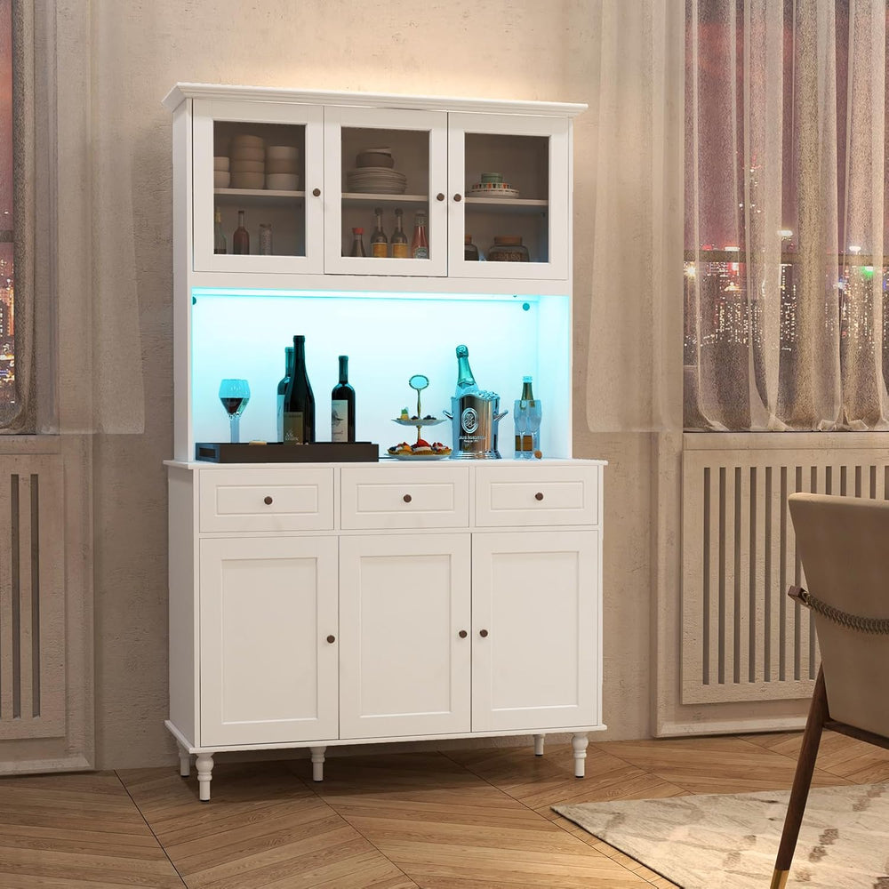 77" Large Kitchen Hutch with Charging Station, LED Pantry Cabinet with M...