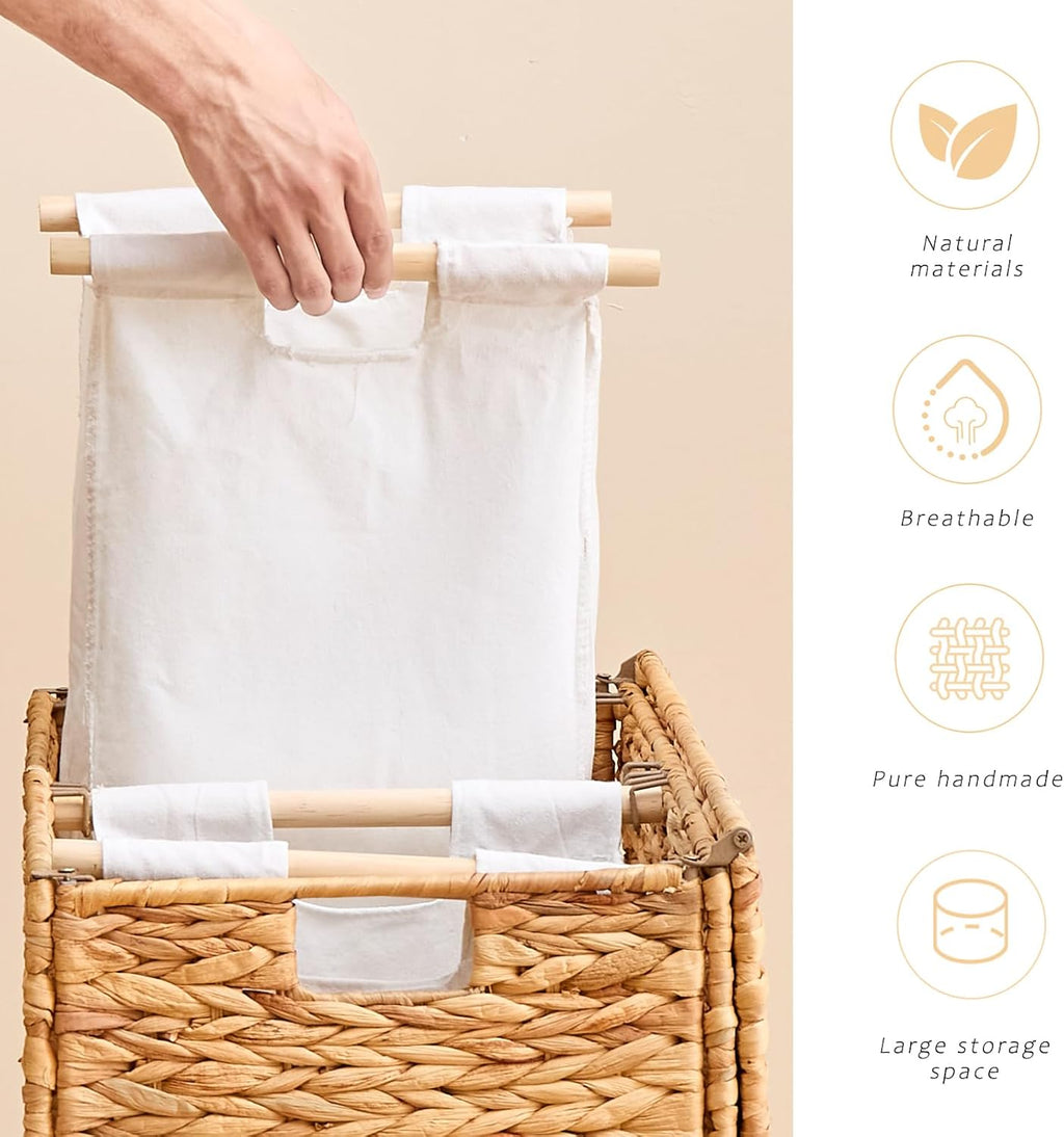 Handwoven Large Laundry Hamper with Lid and 2 Removable Liner Bags, Heightened Feet Natural Hyacinth Clothes Hamper,Wicker Laundry Basket for Clothes and Towels