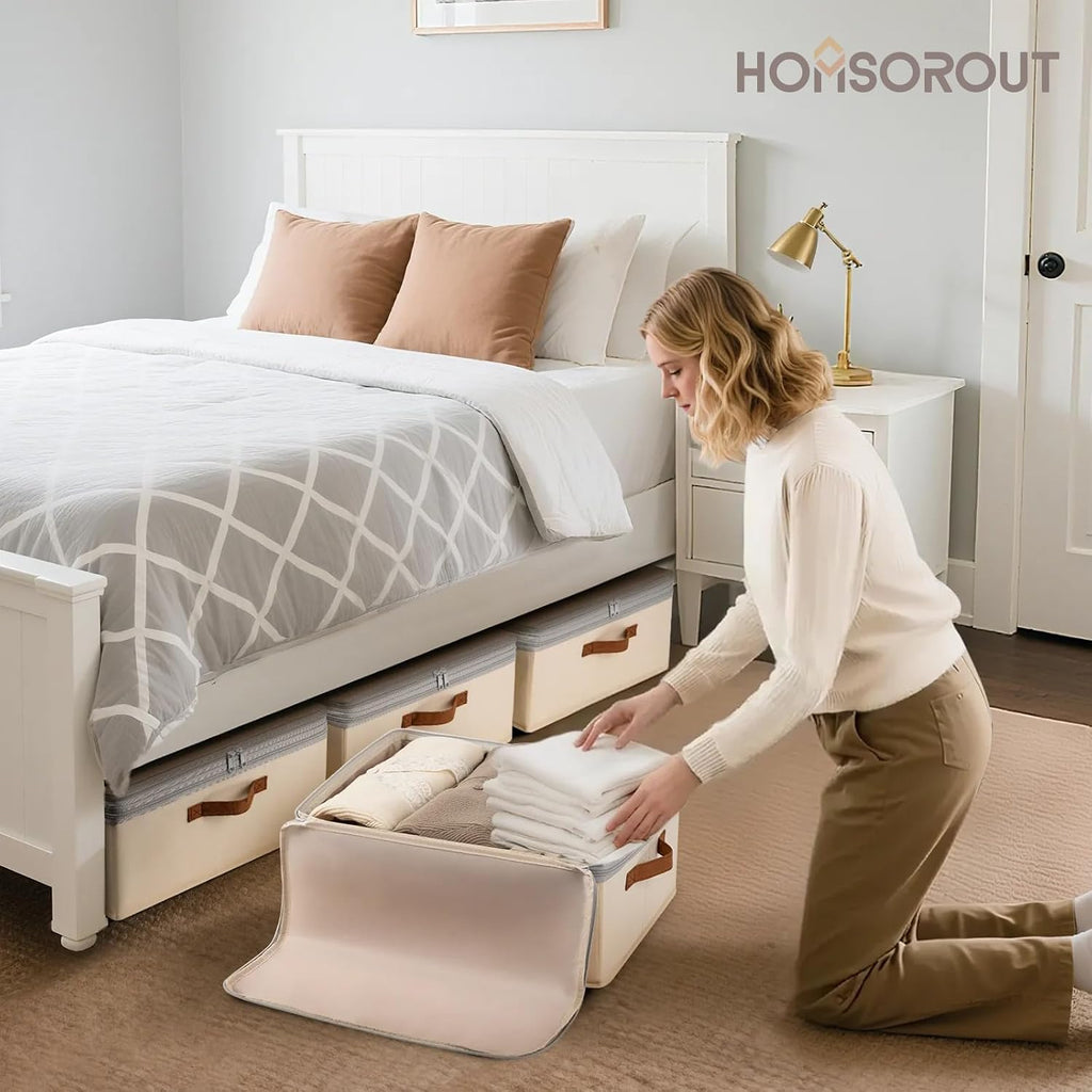 Large Closet Storage Bins - Compression Organizer Bins, Stackable Closet Organizer, Expandable Under Bed Storage Containers for Clothes, Towels, Sheet, 2 Pack, Beige