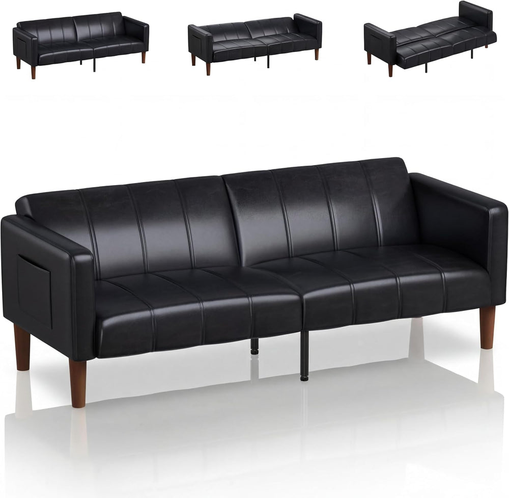 75 in Futon Sofa Bed, Faux Leather Convertible Couch with Adjustable Backrest...