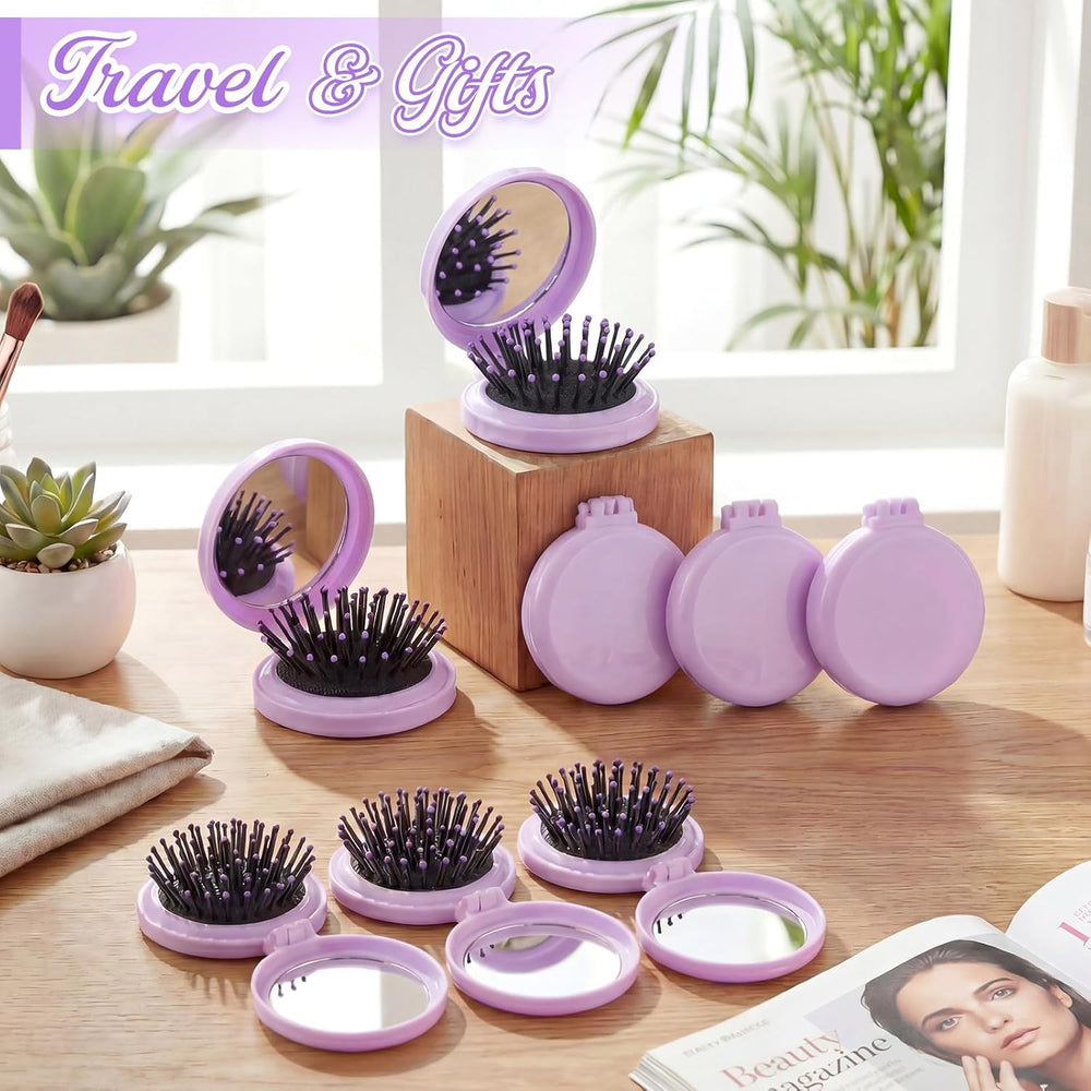 Sliner 60 Pcs Mini Folding Hair Brush with Mirror for Women, Purple