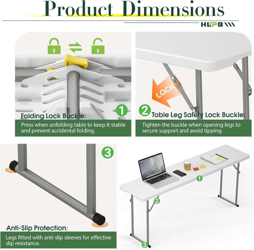 HLPB 6 FT Narrow Folding Table, Tabletop Fold-in-Half, Thickened HDPE Materia...