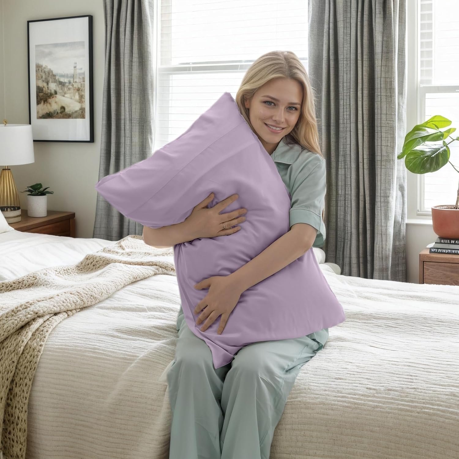 TELUS Pillow Cases Standard Size 2 Pack, Bamboo Rayon & Lyocell Pillowcase with Envelope Closure, Cooling Breathable Pillow Cover for Hot Sleeper & Night Sweats, 20x26 inch, Light Purple