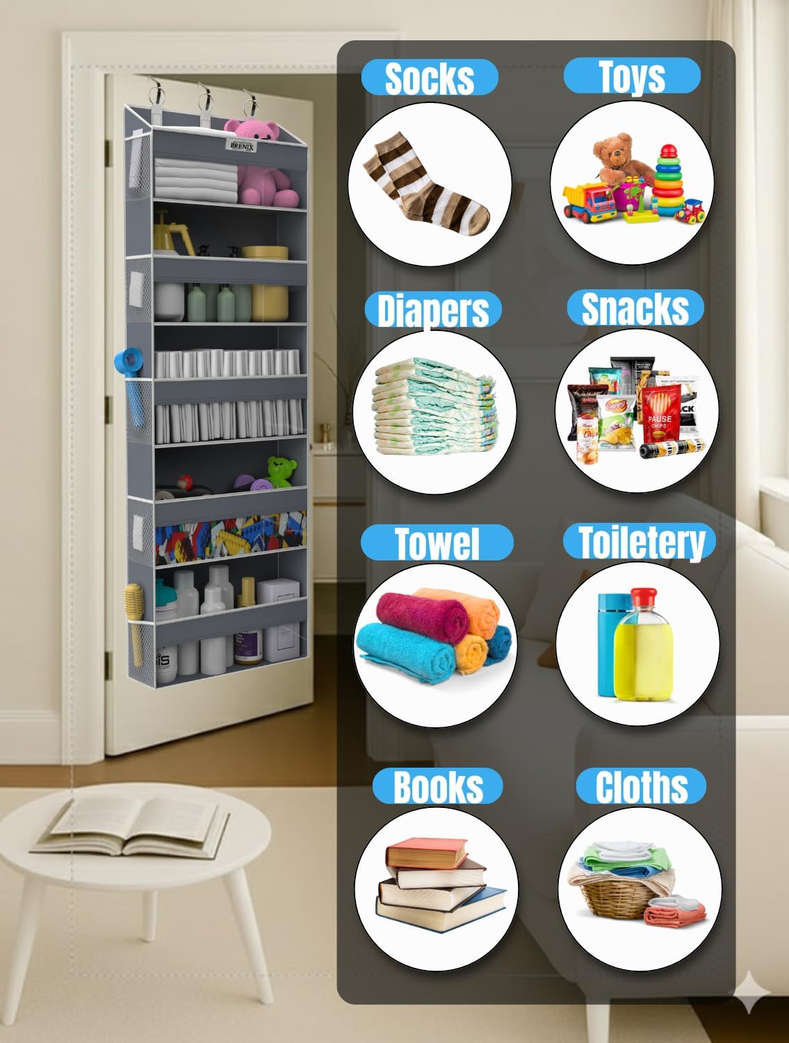 Over the Door Organizer with 5 Large Pockets & 10 Mesh Side Pockets – Durable Hanging Storage for Closet, Bathroom, Bedroom, and Nursery– Space Saving Door Storage with Sturdy Metal Hooks.