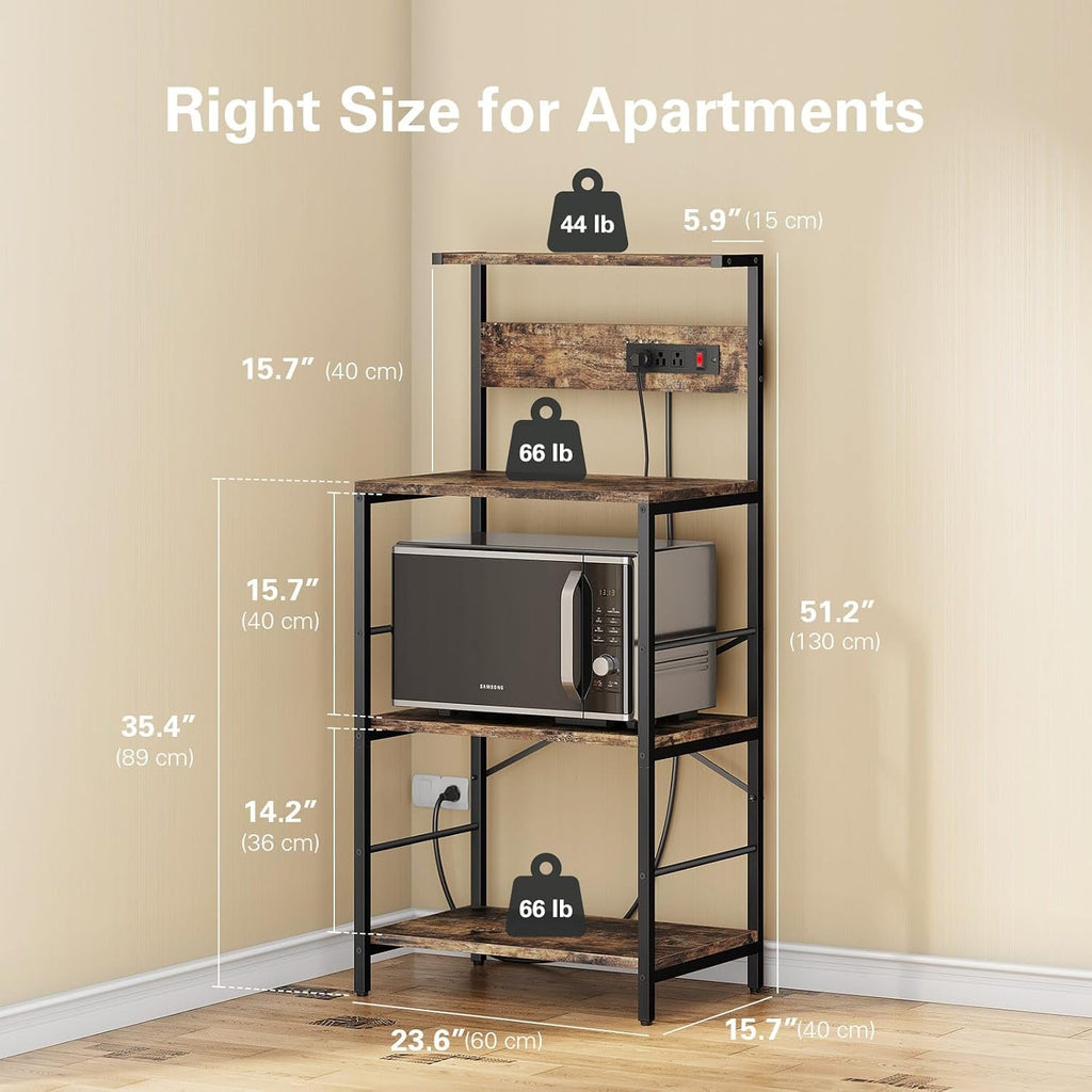Bakers Rack with 3 Power Outlets, 4-Tier Microwave Stand with Storage, Freestanding Kitchen Shelf Stand 23.6”L x 15.7”W x 51.2”L, Rustic Brown Coffee Bar Table