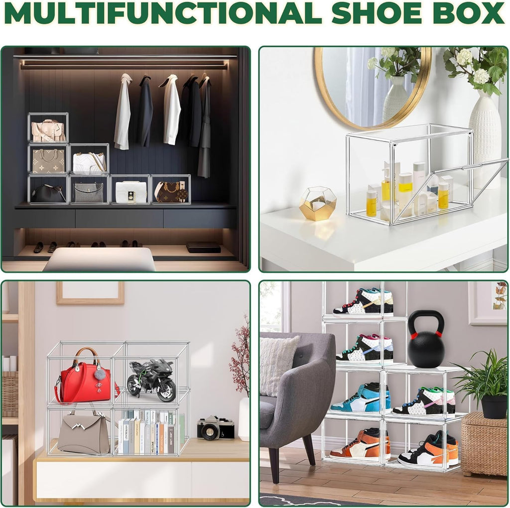 6 Pack X-Large Acrylic Display Case, Size 14 Clear Shoe Box Stackable Sneaker Display Case with Magnetic Lid Multipurpose Storage Bin for Closet for Purses, Handbags, Cosmetics, Collectibles