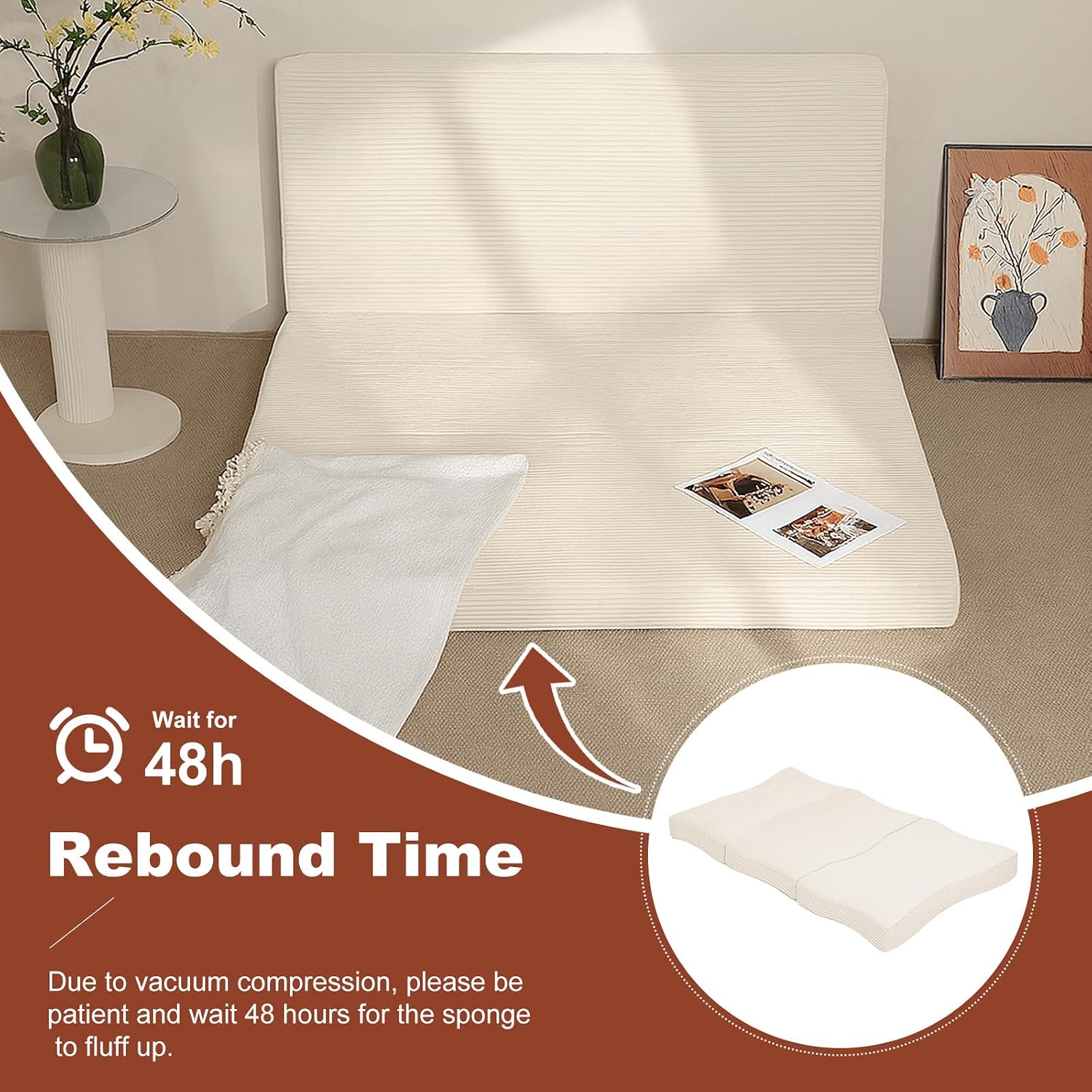 6-Inch Tri-Fold Foldable Mattress, Folding Sofa Bed with Removable Washable Cover, Portable Futon Mattress Full Size Floor Guest Mat with Non-Slip Bottom & Carry Handles for Camping (Beige, Queen)
