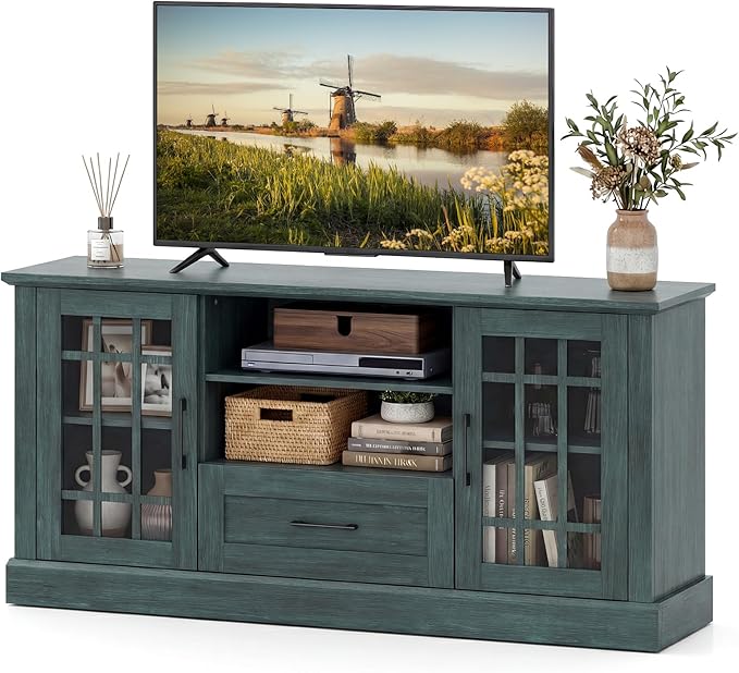 Giantex Farmhouse TV Stand for 65/70 Inch TV, Tall Entertainment Center with Storage Cabinets, Glass Doors, Drawer, Removable Shelves, Media TV Console Table for Living Room, Bedroom (Vintage Green)