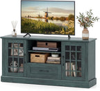 Giantex Farmhouse TV Stand for 65/70 Inch TV, Tall Entertainment Center with Storage Cabinets, Glass Doors, Drawer, Removable Shelves, Media TV Console Table for Living Room, Bedroom (Vintage Green)
