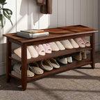 Shoe Bench with Storage for Entryway, 48", Shoe Rack Bench with 3-Tier Organizer Shelf for Hallway, Bedroom, Living Room, Solid Wood, Holds Up to 550Lbs, Dark Brown
