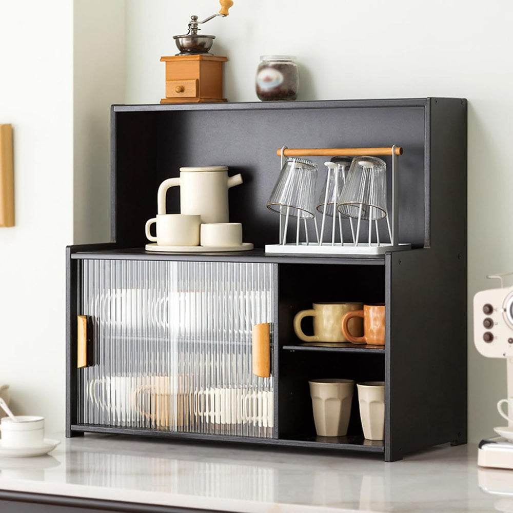 3-Tier Kitchen Pantry Sideboard Cabinet with Sliding Glass Doors, Storage Org...