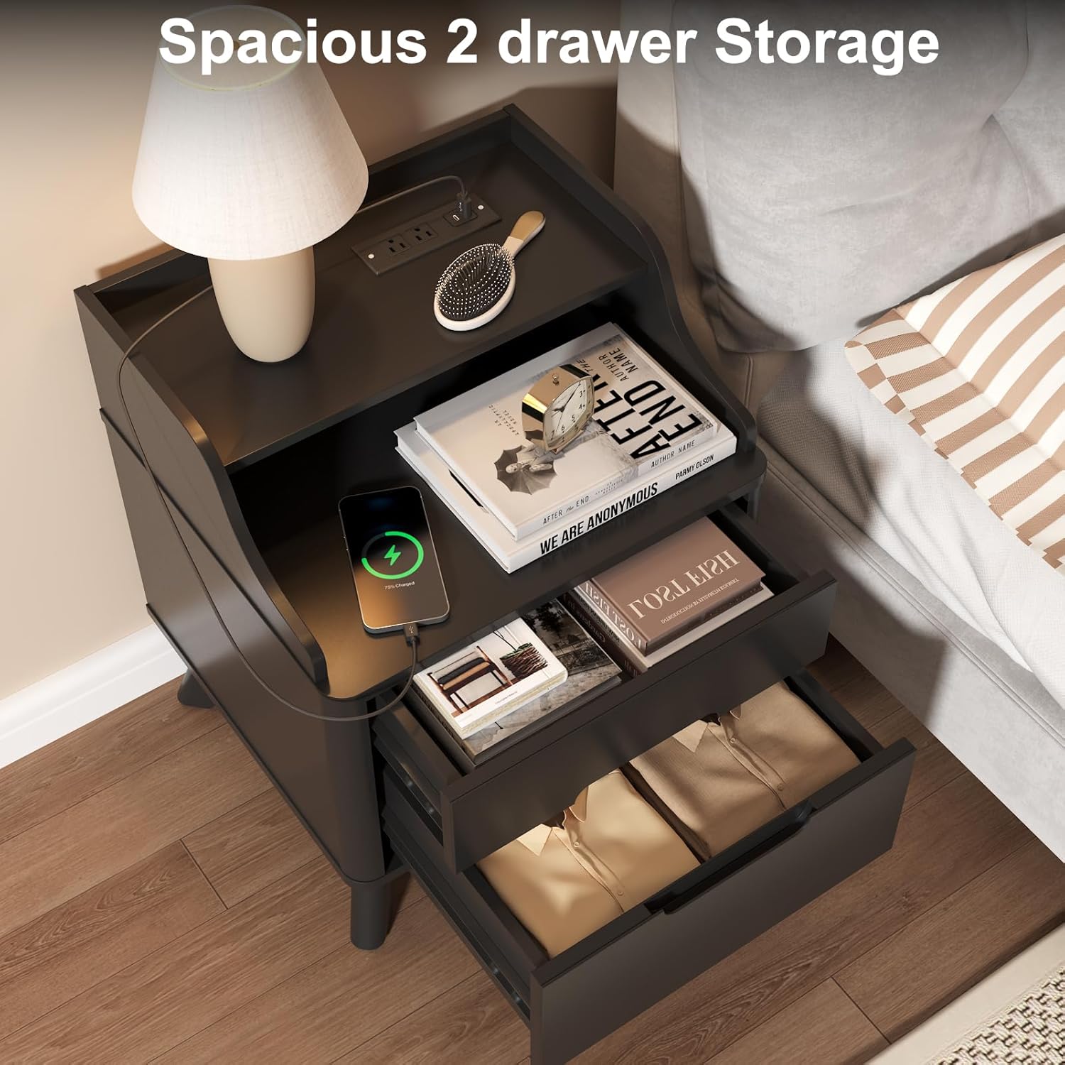 Nightstand with Charging Station, 21" Tall Nightstand w/2 Storage Drawers, Wood Night Stand with Hidden Handle, 17'' Wide Modern Bedside Table for Bedroom,Black