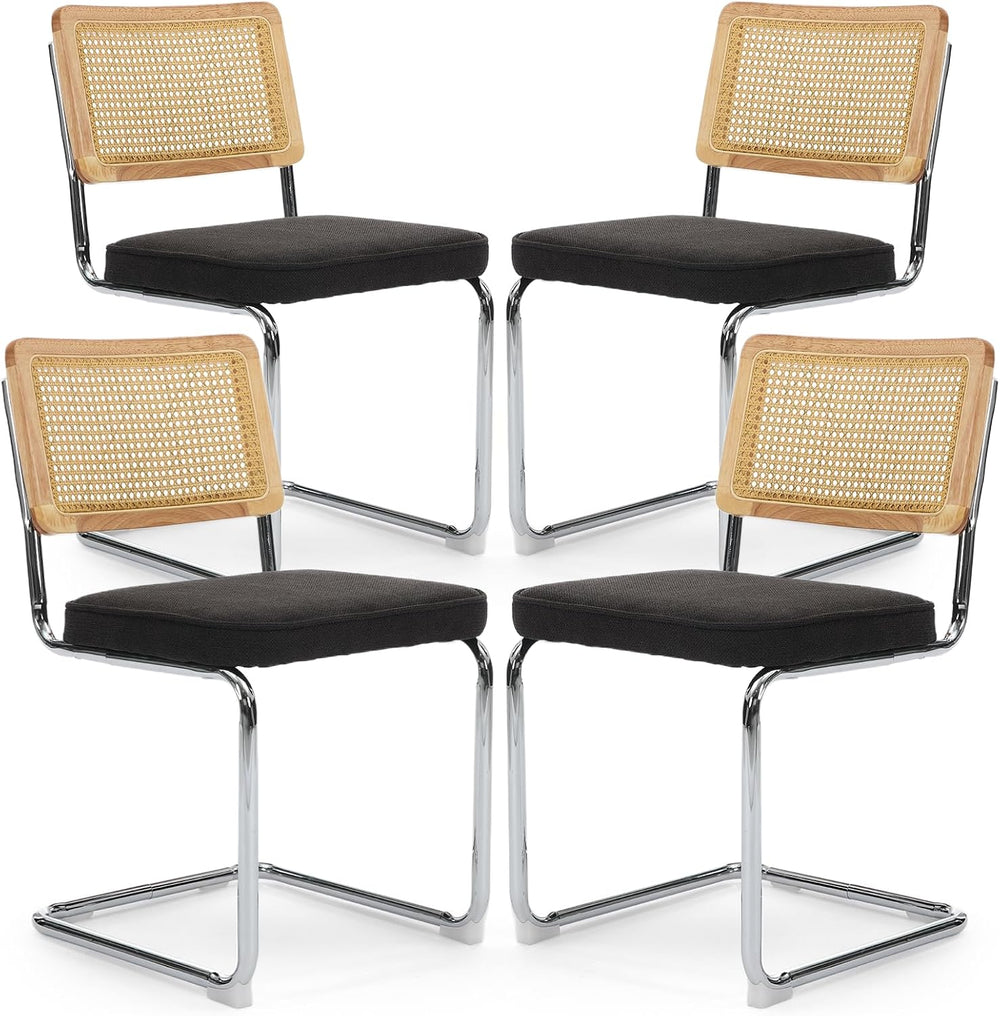 Rattan Back Linen Dining Chair Set of 4 Modern Breuer Designed Stainless Chro...