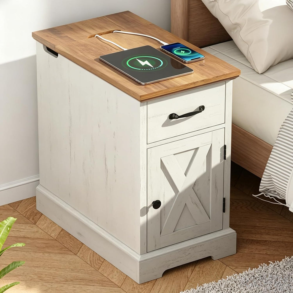 HOMMPA 23.6'' Farmhouse Narrow End Table w/Charging Station Rustic White