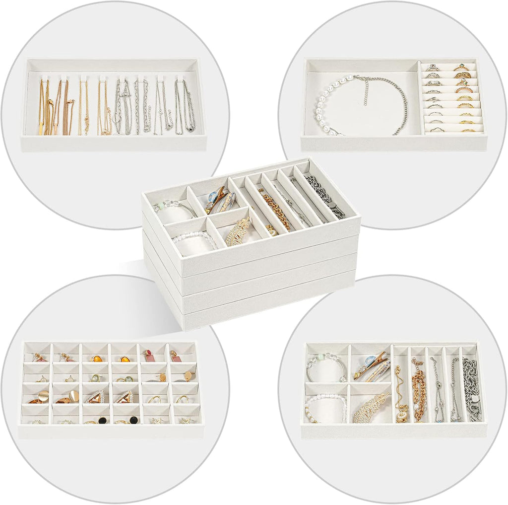 ProCase Stackable Jewelry Organizer Trays for Drawers, Jewelry Drawer Inserts Container Display Case Storage for Earring Necklace Rings Bracelet with Removable Dividers -Warmwhite, 4 Layers