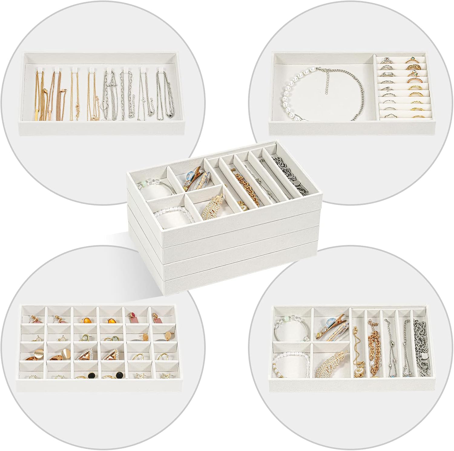ProCase Stackable Jewelry Organizer Trays for Drawers, Jewelry Drawer Inserts Container Display Case Storage for Earring Necklace Rings Bracelet with Removable Dividers -Warmwhite, 4 Layers
