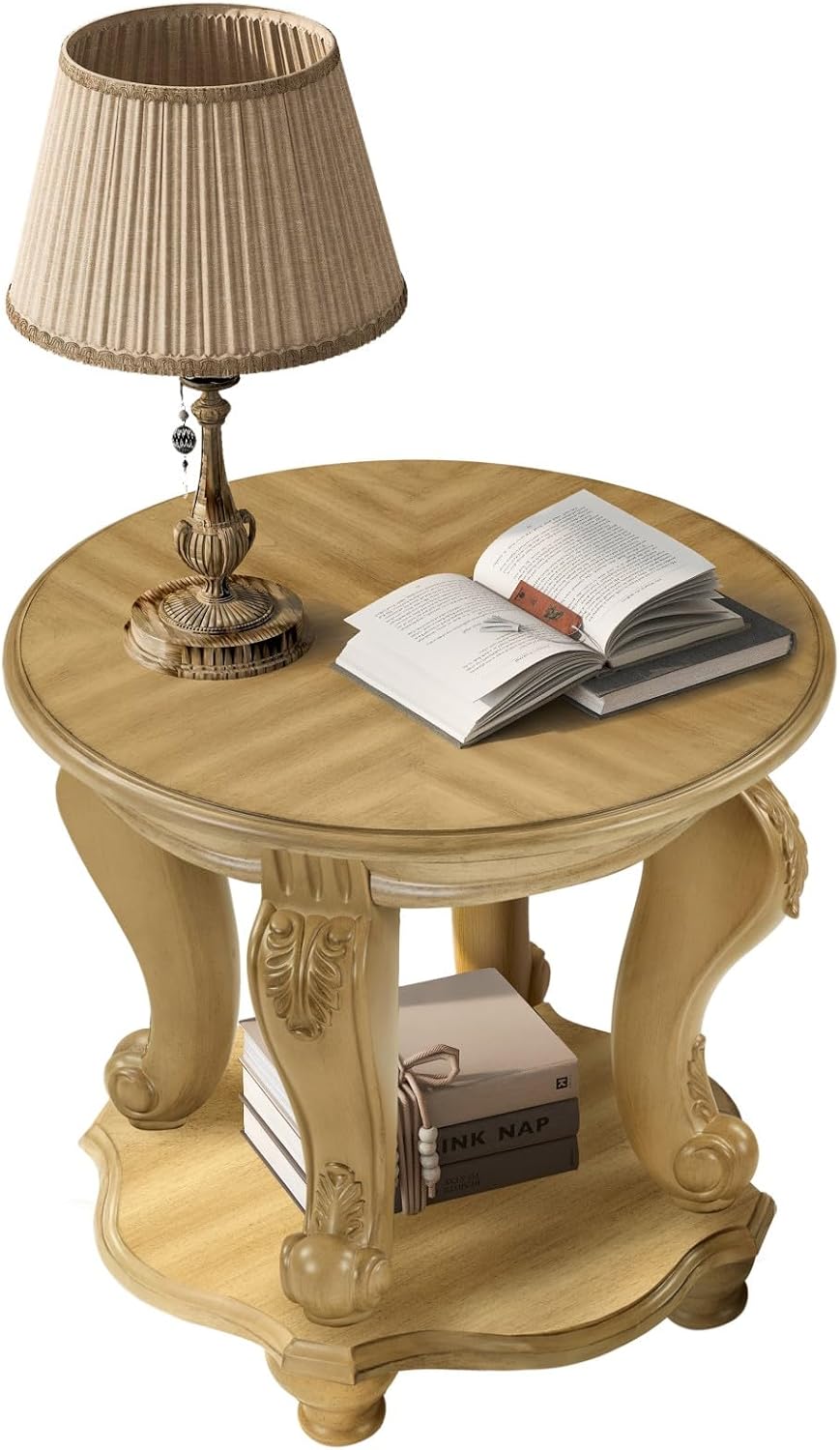 KEIKI Solid Rubber Wood Round Side End Table with Storage Shelf, Traditional ...