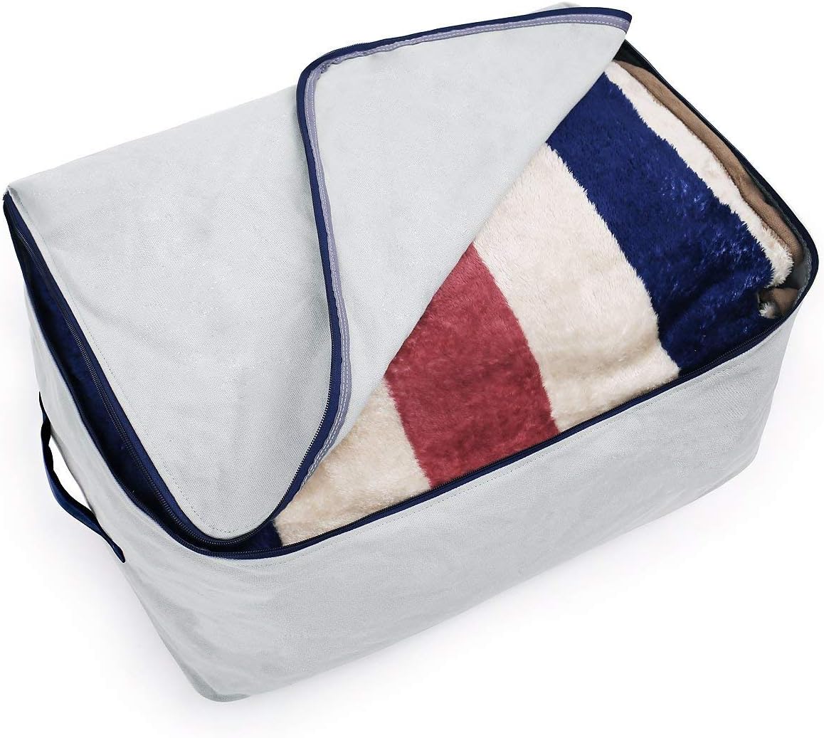 Pack of 2, 100% Natural Canvas Cotton Large Size Storage Bags for Queen/King Size Bedding Sheet, Blankets, Winter Clothes Organizer Containers, Light Gray