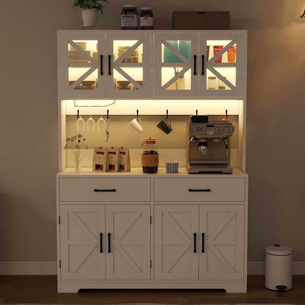 MUUEGM 71''Tall Kitchen Hutch with LED Lights & Power Outlet, Woo...